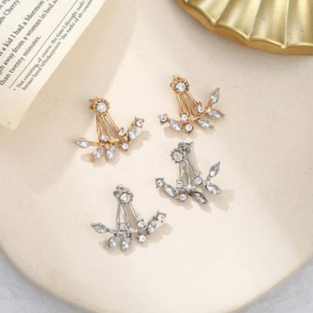 Silver Crystal Leaf Design Jacket Earrings